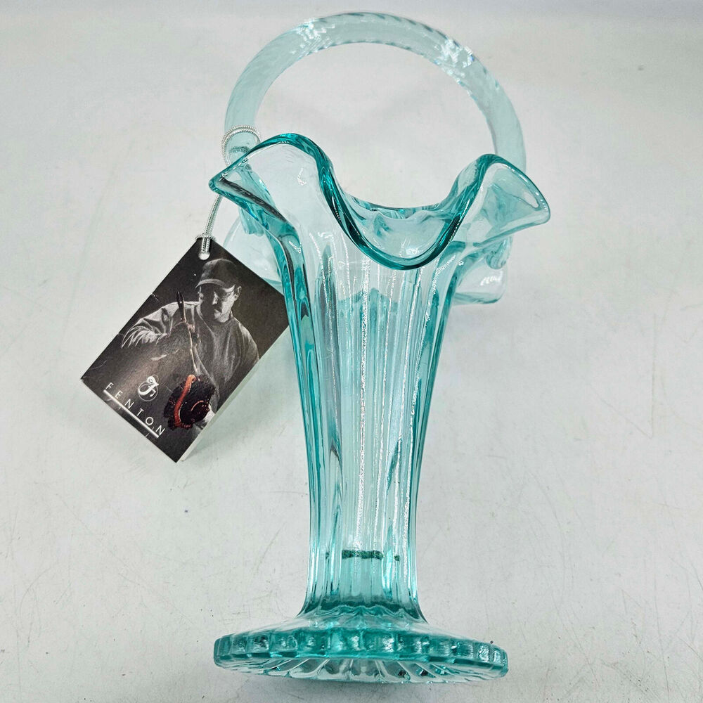 Fenton sea mist Glass Ruffled edge Handled Basket w original hang tag n sticker - Picture 4 of 4